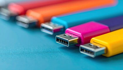 Fototapeta premium Colorful USB drives arranged neatly on a blue surface, showcasing vibrant designs and modern technology
