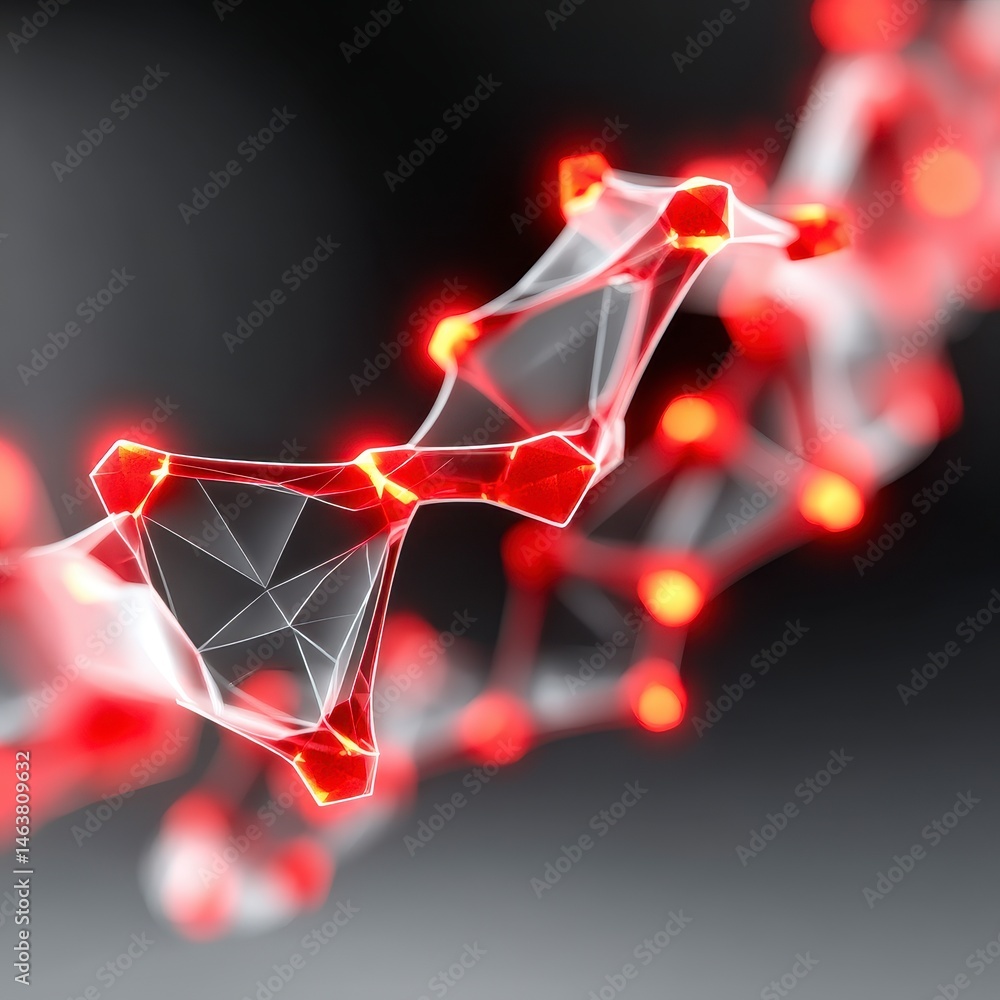 Poster abstract dna structure with glowing nodes and strands.