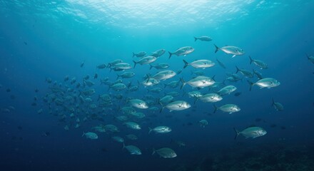 Fototapeta premium School of fish swims in blue ocean water sunlight filters from above.