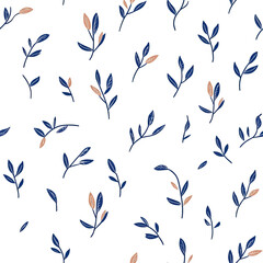Fototapeta premium Seamless minimalist vector pattern of simple blue and beige leafy branches on white background for botanical design and nature inspired decor