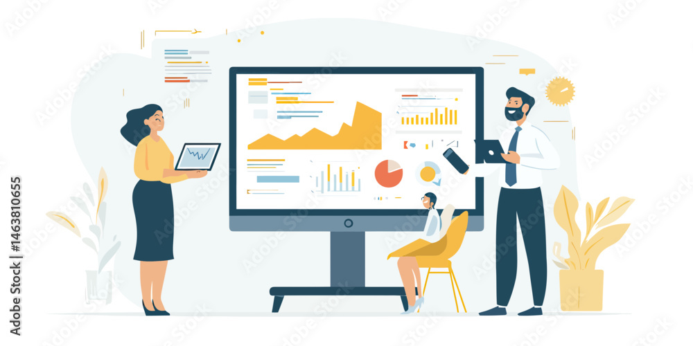 Poster business people analyzing data analytics charts and graphs on large computer screen in modern office