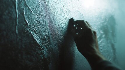 Obraz premium Hand Holding a Smartphone Against a Wet Surface