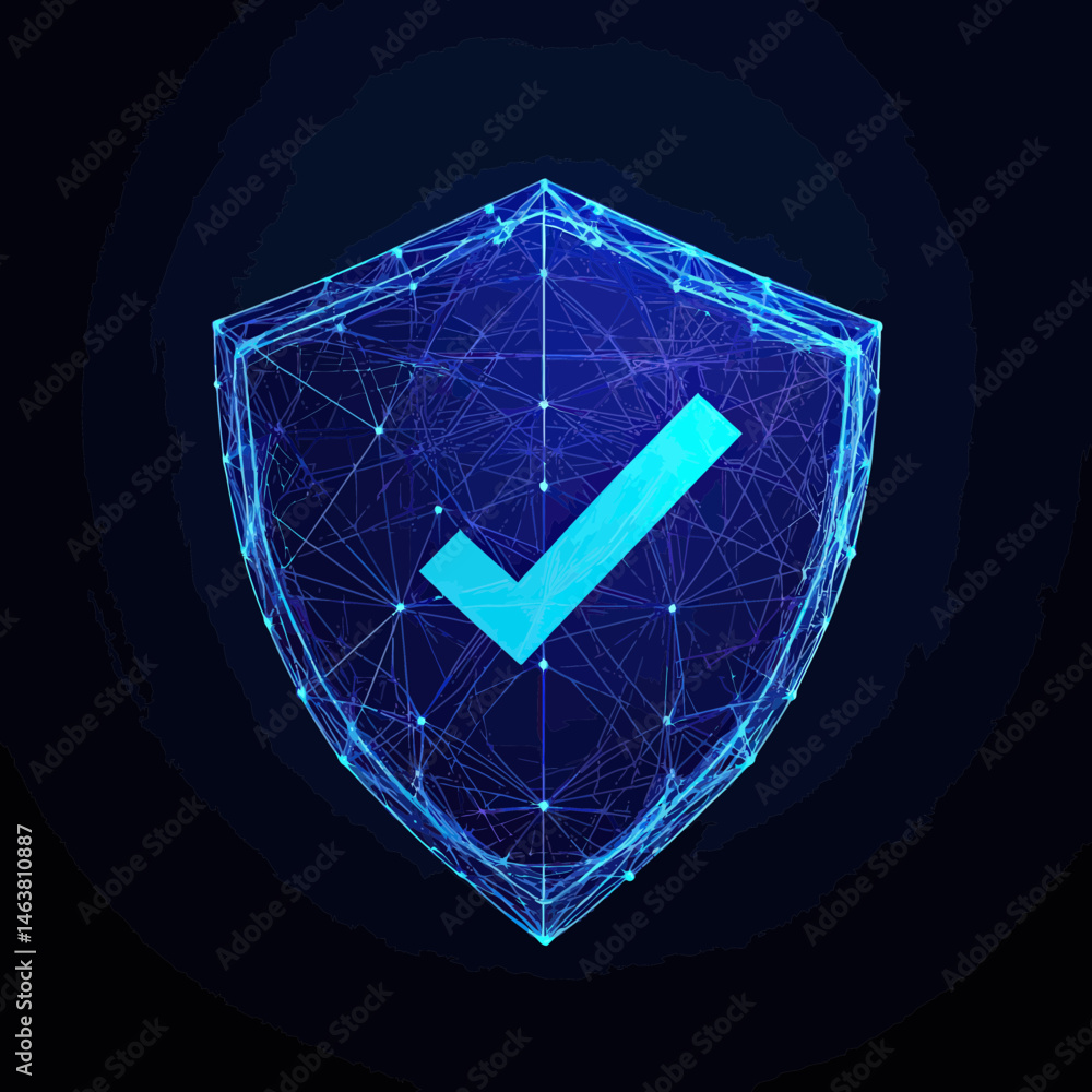 Poster futuristic digital shield with polygonal wireframe and glowing blue check mark symbol representing s