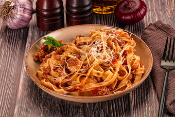 Italian pasta bolognese with beef minced meat
