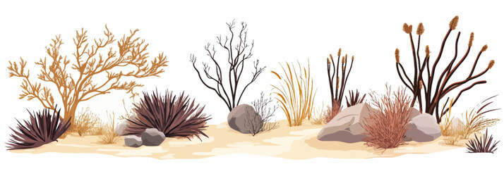 Dry desert plants set with dead bushes, tumbleweed, dry grass, rocks in western arid landscape minimalist flat vector