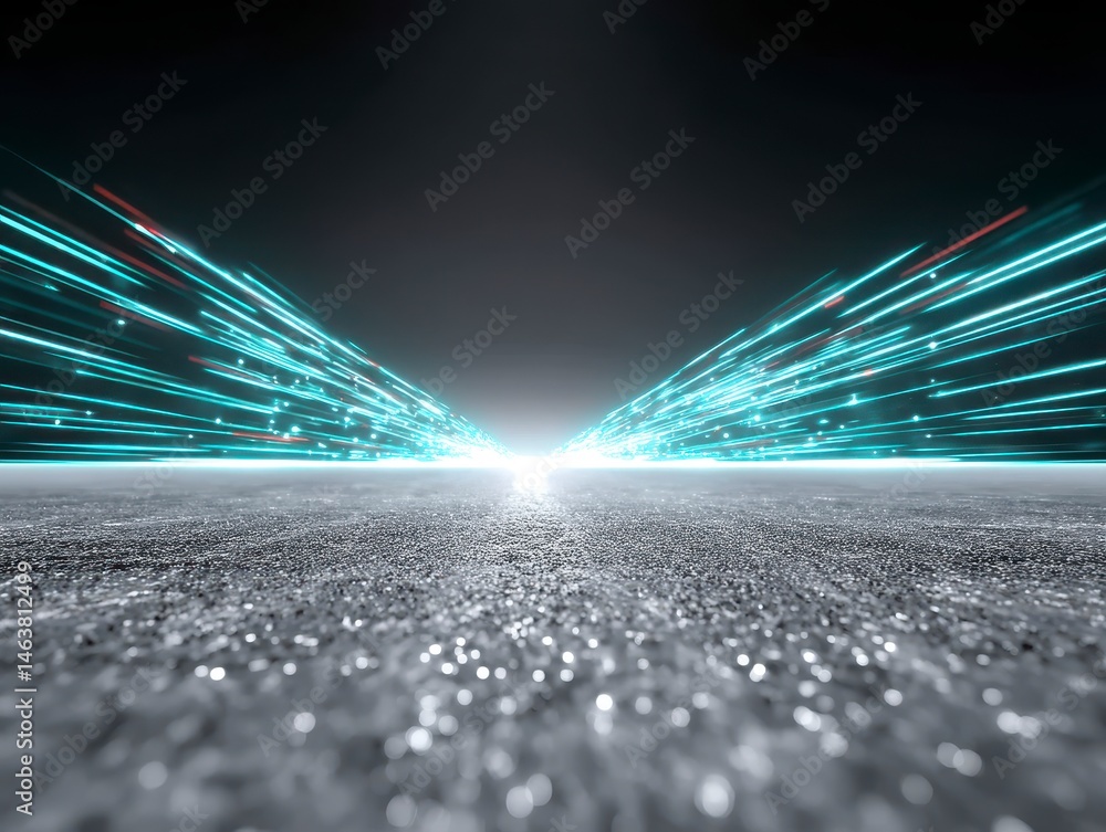 Poster dynamic light trails on a textured surface create a futuristic feel.