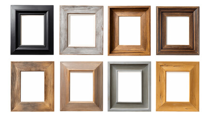 Eight Empty Square Picture Frames in Various Wood Tones and Colors, PNG