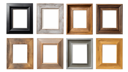 Eight Empty Square Picture Frames in Various Wood Tones and Colors, PNG