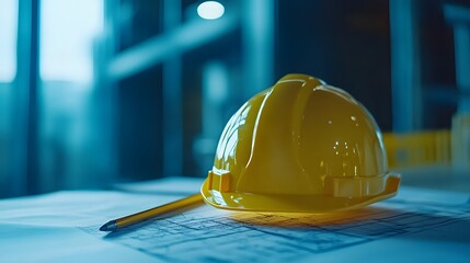 Bright yellow safety helmet resting on blueprints.