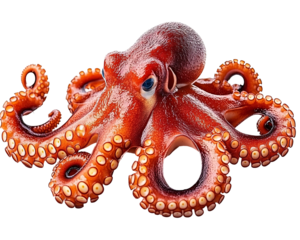 a red octopus with blue eyes