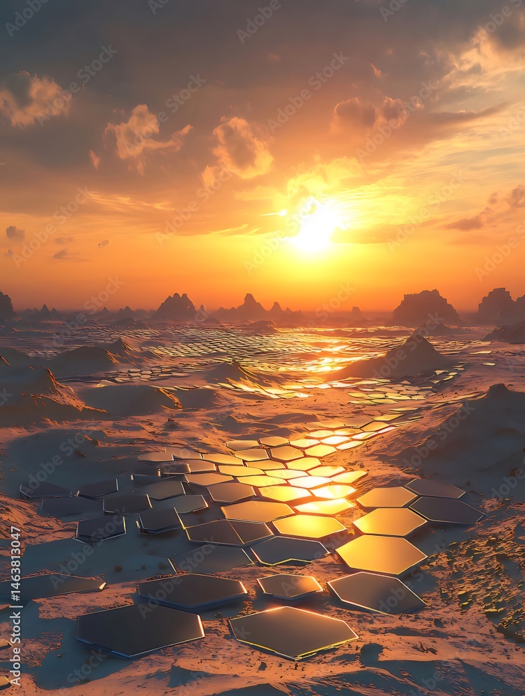 Poster 夕焼けの空が水面に映る風景 オレンジ色に輝く太陽が水面を照らす美しい光景