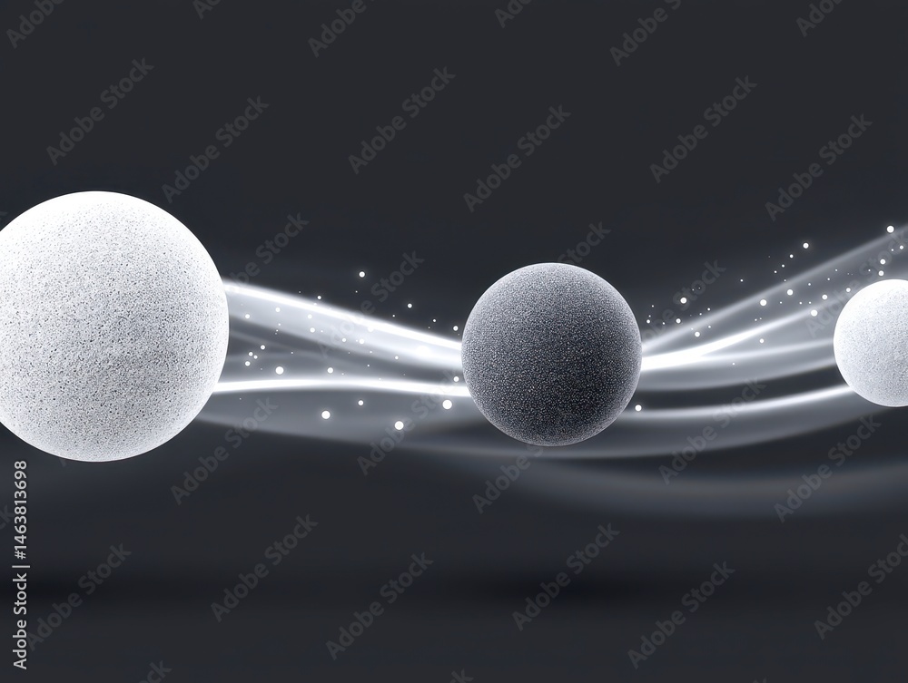 Poster abstract spheres with flowing lines and sparkles on a dark background.