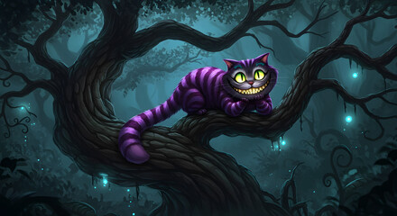 Cheshire Cat in Enigmatic Forest: Digital Fantasy Illustration