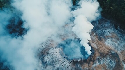 Obraz premium Aerial view of bubbling geothermal pools with steam clouds and cracked earth, showcasing raw volcanic power.