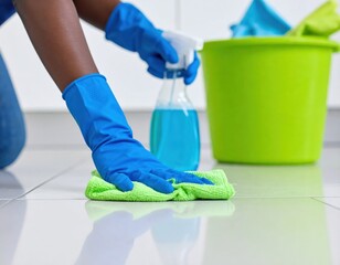 A person wearing blue gloves cleans a floor with a green cloth, using a spray bottle filled with blue cleaning solution beside a green bucket