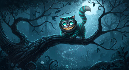 Cheshire Cat in Enchanting Moonlight Forest