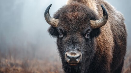 Majestic Bison Stands in Woodland Fog, Capturing the Beauty of Wildlife in Natural Habitat During Early Morning Hours