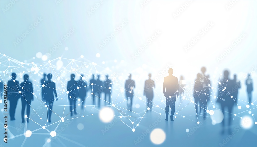 Poster silhouettes of people in a digital landscape, connected by lines and dots, symbolizing networking an
