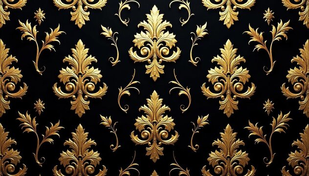 Bold, large-scale damask pattern with swirling acanthus leaves and arabesques in gold on black, black, texture, acanthus