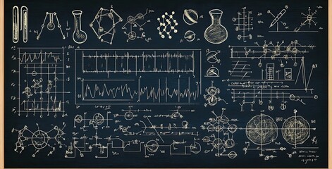 Chemistry, Science, Formula, Sketches on Blackboard with Test Tubes and Chemical Elements