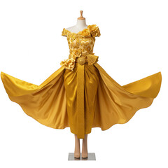 Golden dress on mannequin isolated on transparent background