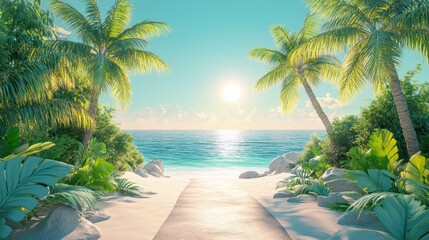 Fototapeta premium Road lined in Palm Trees,coastal boulevard lined with tall palms on the beach,Beach paradise,Summer beach vibes,Holliday road trip by vehicle.