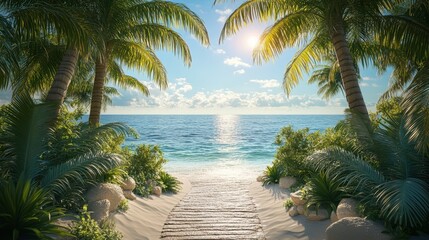 Fototapeta premium Road lined in Palm Trees,coastal boulevard lined with tall palms on the beach,Beach paradise,Summer beach vibes,Holliday road trip by vehicle.