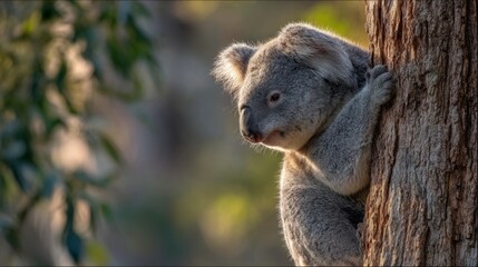 Naklejka premium Adorable koala clinging to a tree trunk in a serene natural setting captured during the golden hour of sunlight