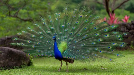 Obraz premium Majestic peacock displaying vibrant tail feathers in lush green garden setting with blurred background and natural beauty