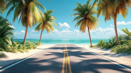 Road lined in Palm Trees,coastal boulevard lined with tall palms on the beach,Beach paradise,Summer beach vibes,Holliday road trip by vehicle.