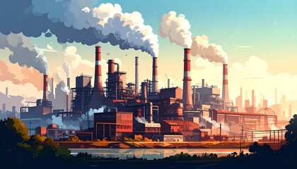 Fototapeta premium A vibrant industrial landscape featuring factories with smokestacks emitting vapor against a colorful sky