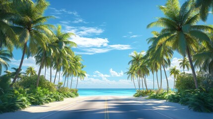 Obraz premium Road lined in Palm Trees,coastal boulevard lined with tall palms on the beach,Beach paradise,Summer beach vibes,Holliday road trip by vehicle.