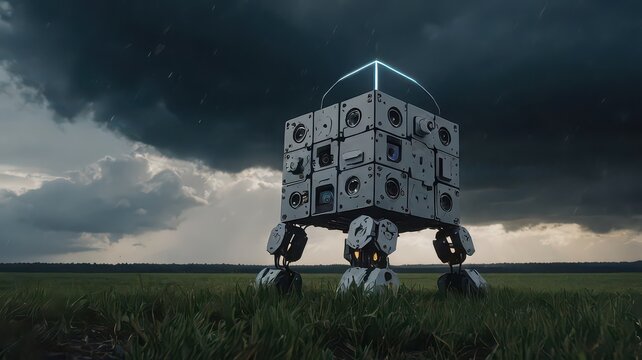 Futuristic cube robot standing in a field under a stormy sky with a neon light on top of the cube