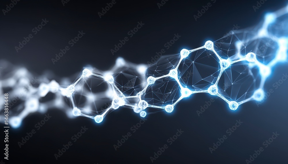 Poster abstract molecular structure with glowing connections and a dark background.