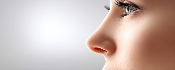 Fototapeta premium Side view of a young woman’s face focusing on the nose and eye, ideal for beauty, skincare, and medical themes. 
