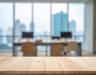 A wooden table in focus with a blurred modern office background, showcasing a cityscape through large windows, creating a professional ambiance
