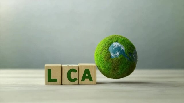 Wooden blocks spelling lca next to a moss covered earth ball, symbolizing life cycle assessment, green energy, and circular economy awareness