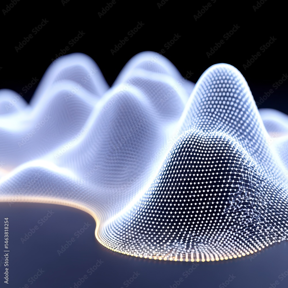 Poster 3d wireframe waves with glowing edges in a dark background.