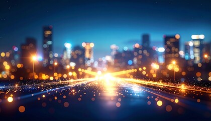 Obraz premium A vibrant city skyline at night, illuminated by colorful lights, creating a dreamy atmosphere with a blurred foreground of glowing orbs