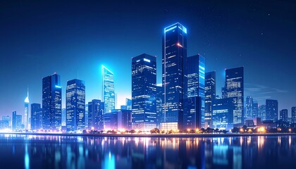 Fototapeta premium A vibrant city skyline at night, illuminated by glowing skyscrapers and reflections on the water, creating a futuristic atmosphere