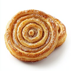 Two golden-brown palmier cookies with sugar glaze, crispy and layered, isolated on a clean white background