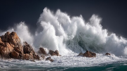 Powerful Ocean Waves Crash Against Rocky Shoreline in Dramatic Coastal Landscape