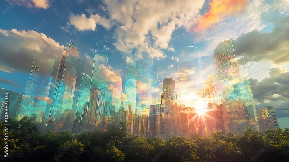 Poster 黄金の光が差し込むデジタルの都市景観 雲が浮かぶ青空と緑の木々が前景に広がる抽象的な風景