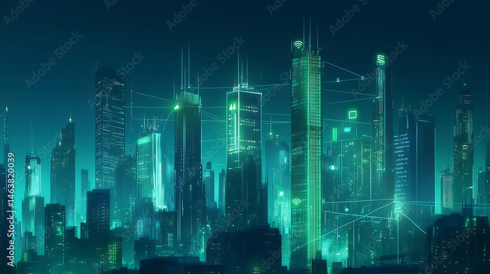 Aufkleber ターコイズの光景の未来的な都市スカイライン建築の高層ビル夜景