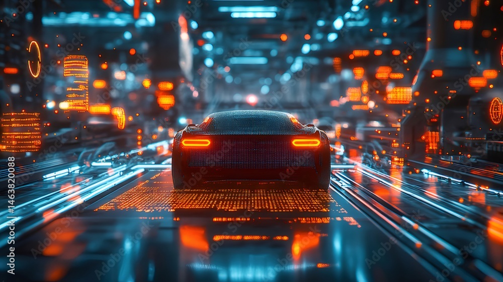 Poster 鮮やかな青とオレンジの光の中でデータストリームを運転する自動運転車の背面ビュー