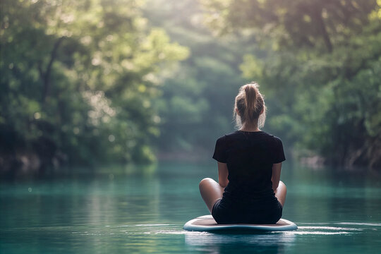 Woman meditating on sup board in tranquil river at sunrise