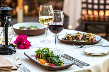 Upscale table setting with glasses of wine and salad