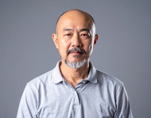 Obraz premium Portrait of a mature man with a serious expression, wearing a gray polo shirt against a neutral background