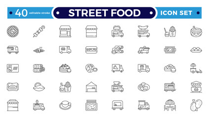 Fast food related line icon set. Street food linear icons. Burger, hotdog and sandwich outline icon. Editable stroke outline icon.
