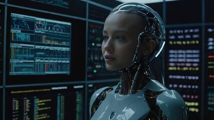 Naklejka premium Side view of a female android with exposed wiring standing in front of multiple computer screens